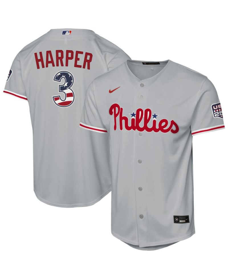 Big Boys and Girls Bryce Harper Gray Philadelphia Phillies USA 250 Fourth of July Road Replica Jersey