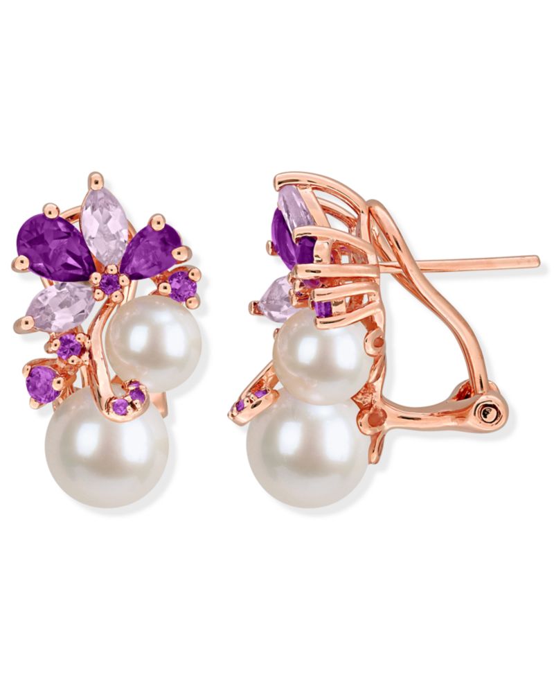 Colored Cultured Freshwater Pearl (6 & 8mm) & Multi-Gemstone (2-5/8 ct. t.w.) Cluster Earrings in 18k Rose Gold Flash-Plated Sterling Silver