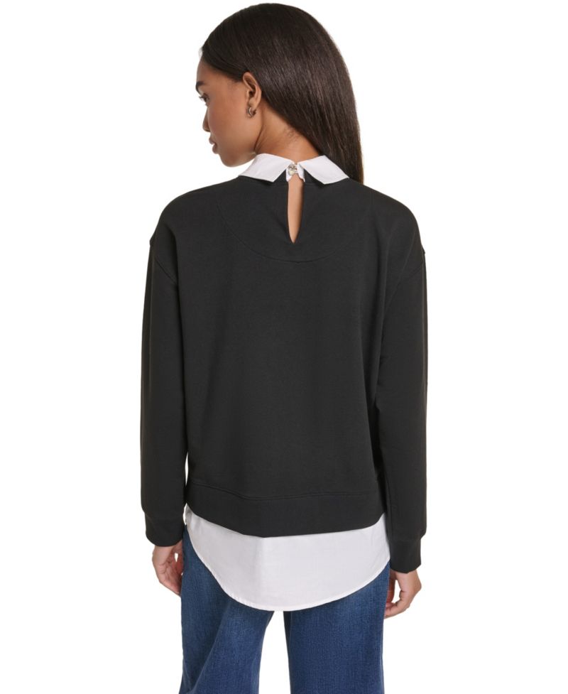Petite Collared Twoffer Long-Sleeve Loose-Fit Pullover Sweater