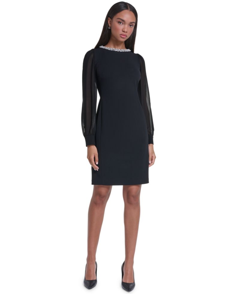 Women's Scuba Crepe Long-Sleeve Embellished Crewneck Sheath Dress