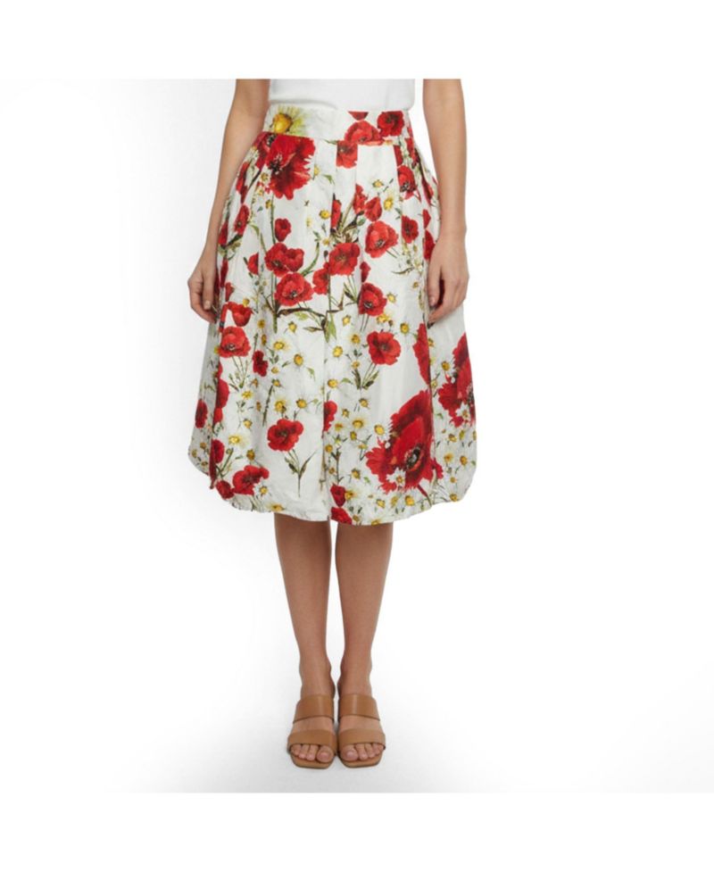 Women's Floral Printed Cotton And Silk Pleated Skirt
