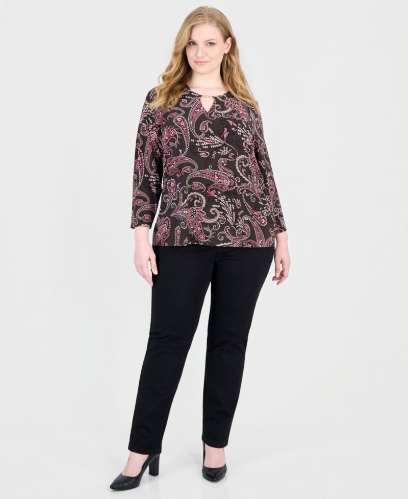 Plus Size Paisley-Print V-Neck Keyhole 3/4-Sleeve Blouse