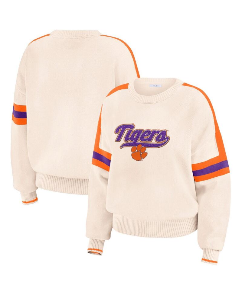 Women's Cream Clemson Tigers Chenille Woven Patch Stripe Pullover Sweater