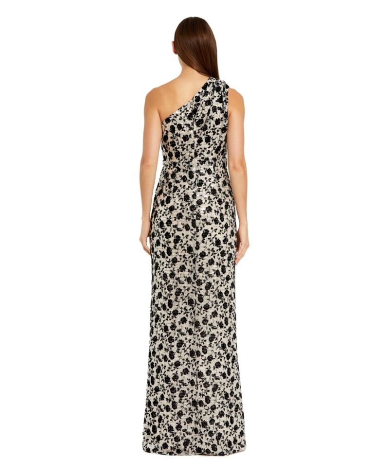 Women's One Shoulder Sequin with Floral Velvet Detail Gown