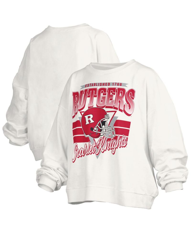 Women's White Rutgers Scarlet Knights Oversized Janice Retro Waist-Length Pullover Sweatshirt
