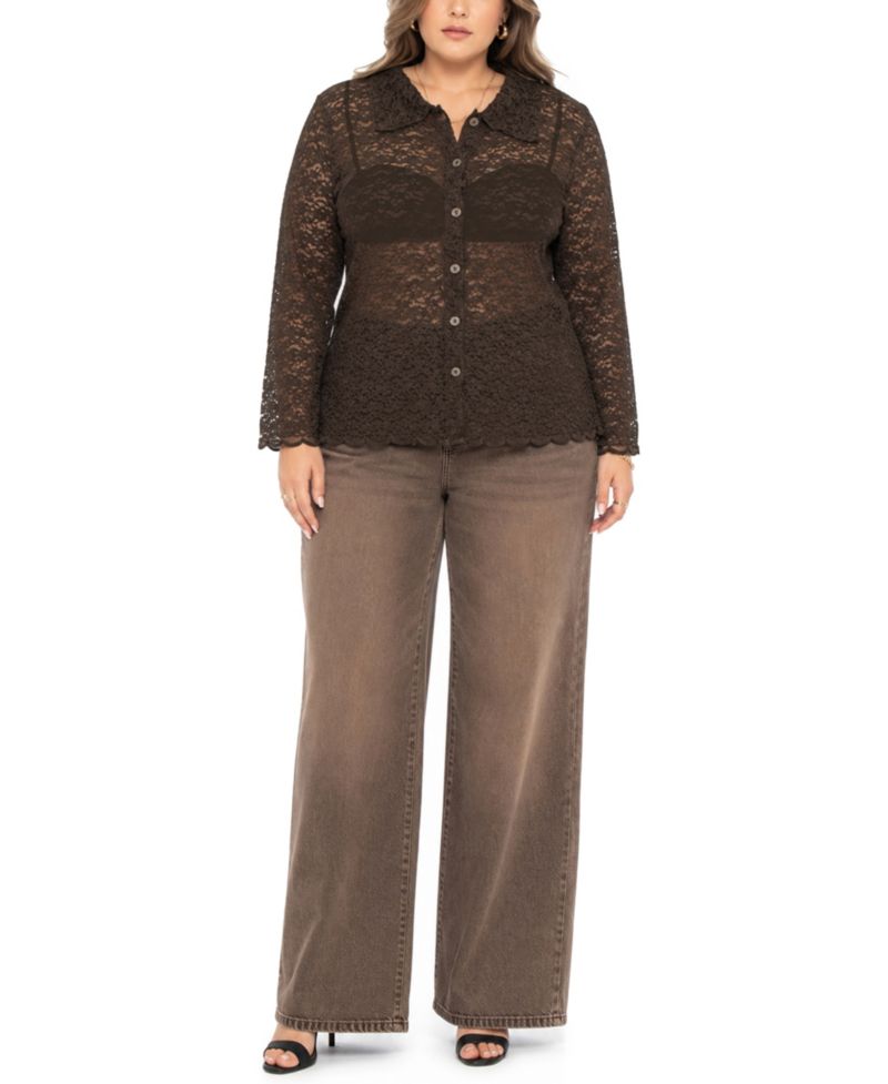 Plus Size Long-Sleeve Lace Floral-Edge Shirt