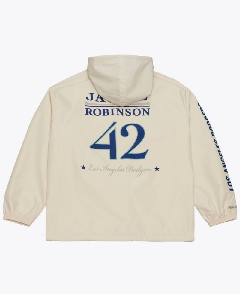 Men's Jackie Robinson Cream Los Angeles Dodgers Full-Snap Yacht Rock Name & Number Hooded Coach's Jacket