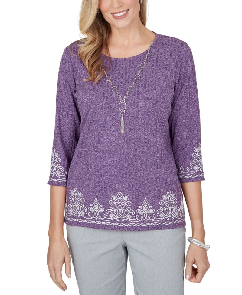 Petite 3/4-Sleeve Embroidered Side-Slit Blouse