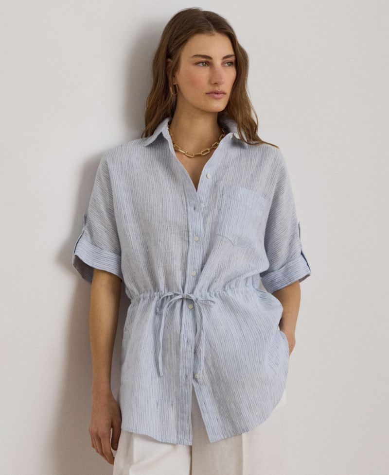Women's Point Collar Striped Roll-Tab-Sleeve Tunic Shirt