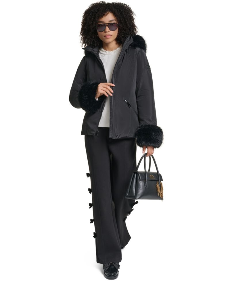 Women's Faux-Fur Trim Cuff and Hood Belted Puffer Jacket