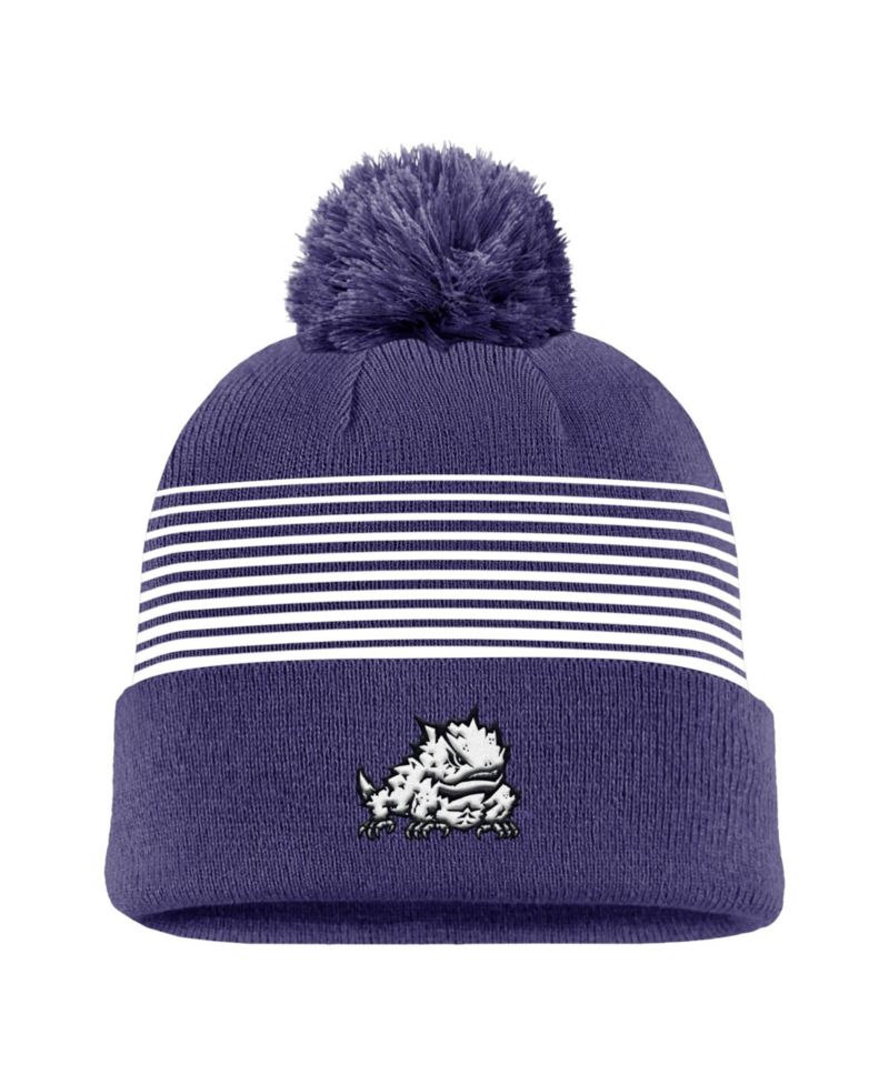 Men's Purple TCU Horned Frogs 2026 On-Field Peak Cuffed Knit Hat with Pom