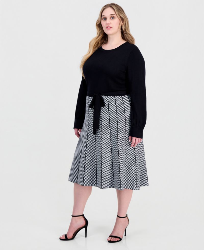 Plus Size Combo Skirt Long-Sleeve Knit Midi A-Line Dress