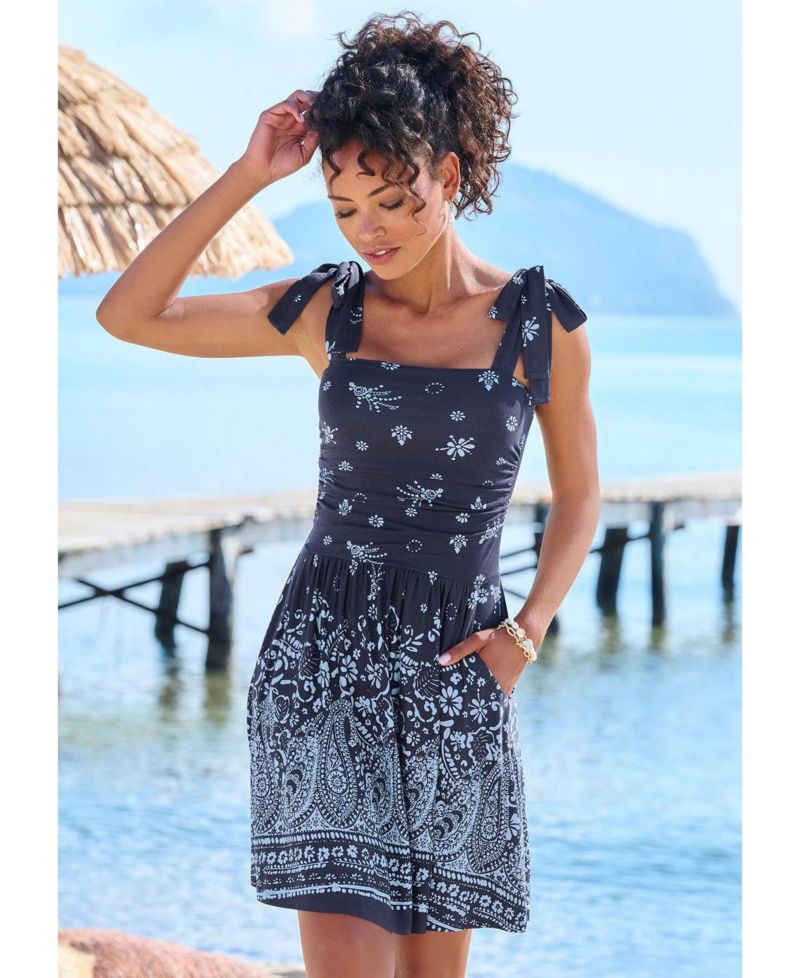 Women's Viscose Printed Tie Strap with Pockets Elastic-Waist Short Dress