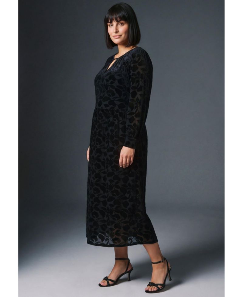 Plus Size Velvet Burnout Keyhole Blouson-Sleeve Dress