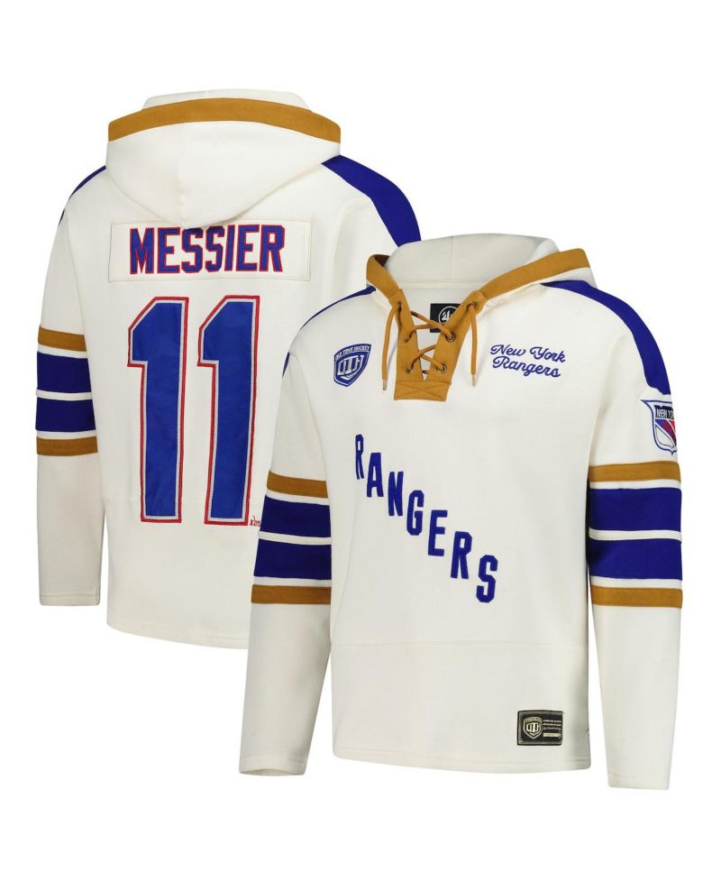 47 Brand Men's Mark Messier Cream New York Rangers Blue Line Heritage Name & Number Lace-Up Pullover Hoodie