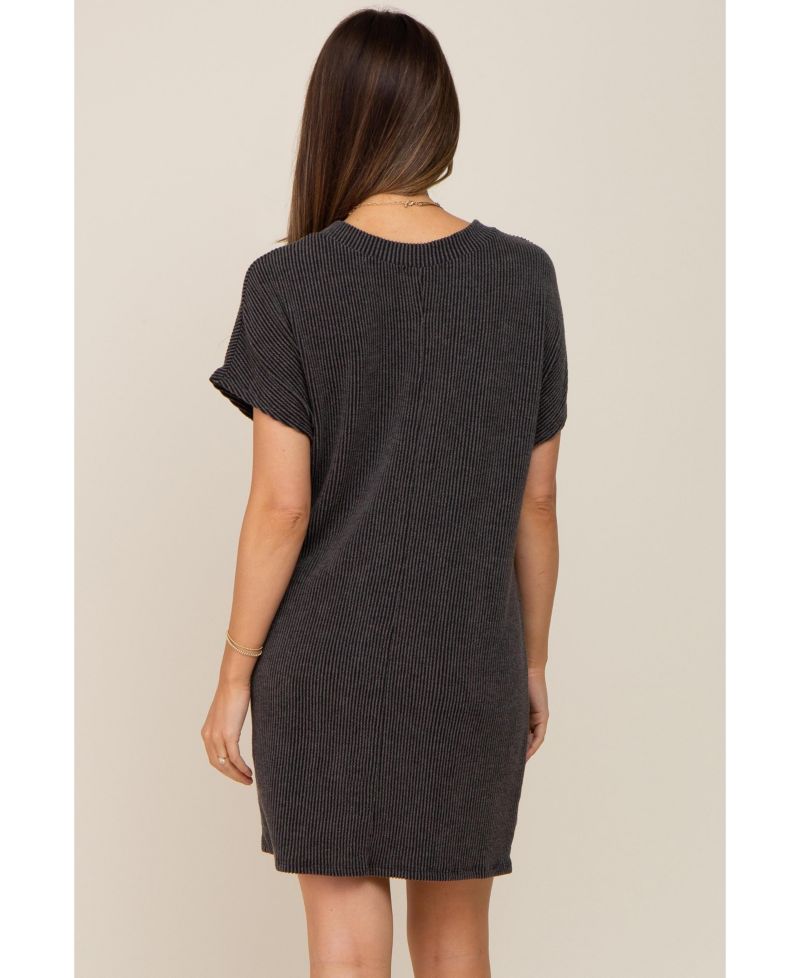 Women's Charcoal Ribbed Front Pocket Dolman Short Sleeve Dress