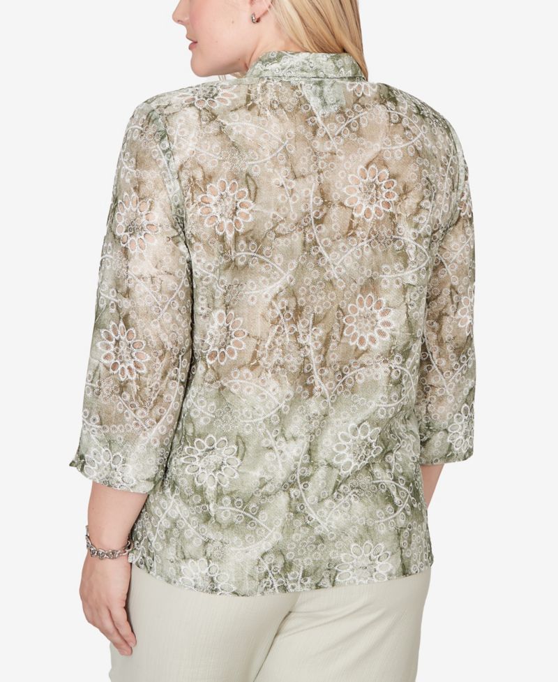 Women's Vintage Charm Tie Dye Monotone Floral Button-Front Top