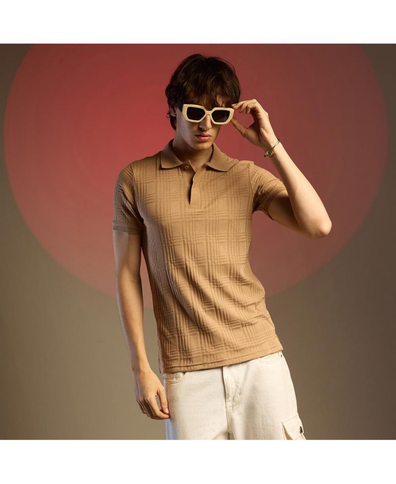 Men's Buff Beige Intertwine-Textured Polo T-Shirt