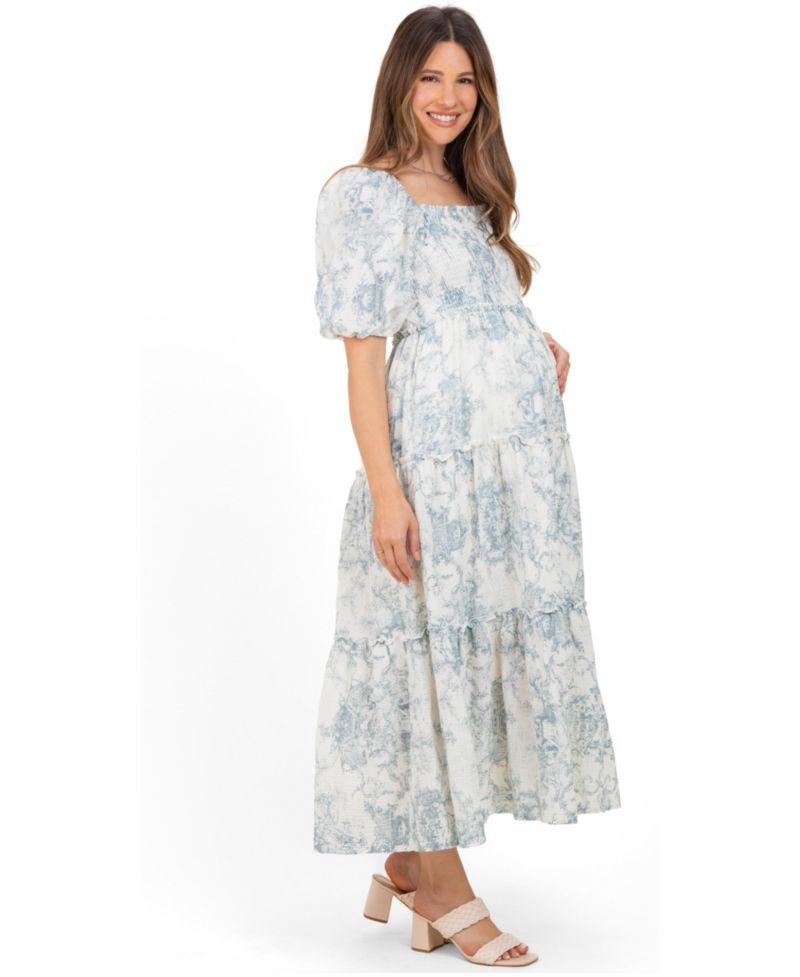Women's Blue Vintage Floral Puff Sleeve Tiered Maxi Dress