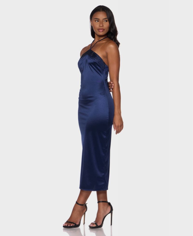 Juniors' Stone-Embellished Halter Neck Satin Midi Dress
