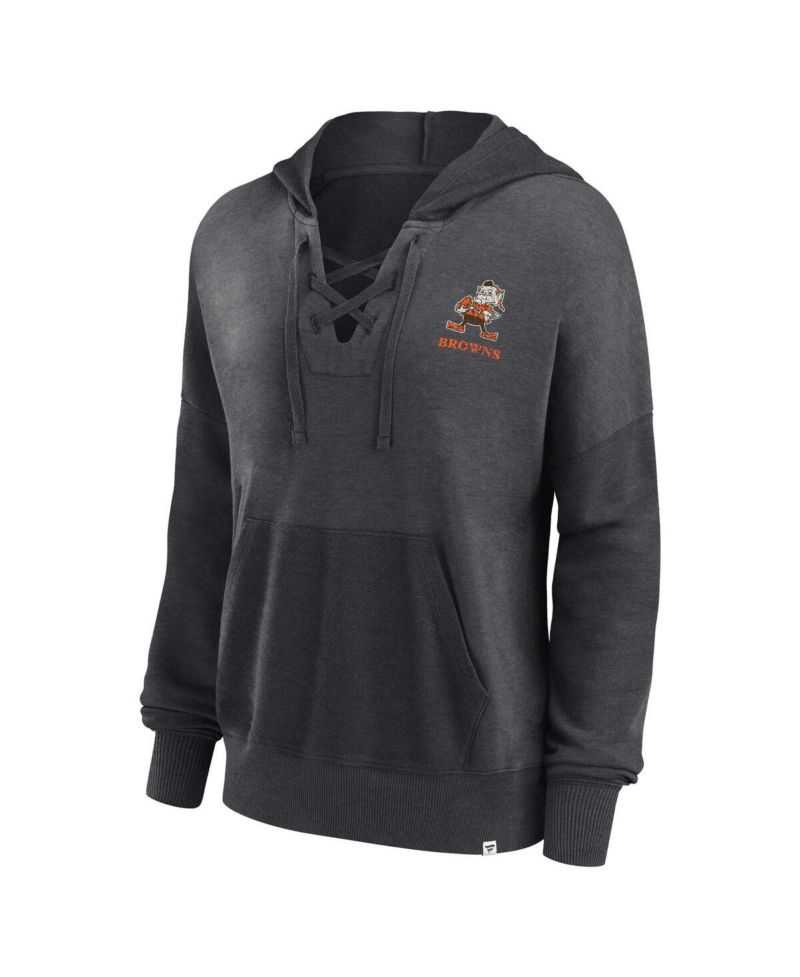 Women's Heather Charcoal Distressed Cleveland Browns Heritage Snow Wash French Terry Lace-Up Pullover Hoodie