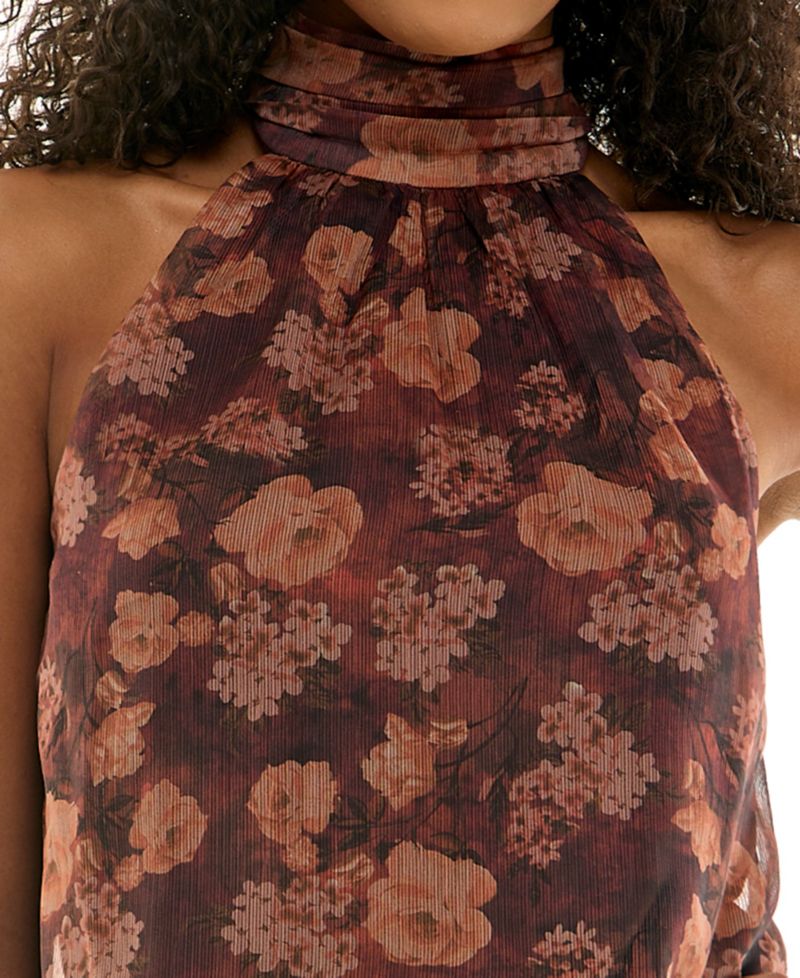 Juniors' Floral Chiffon Halter Neck Tie Waist Mini Dress
