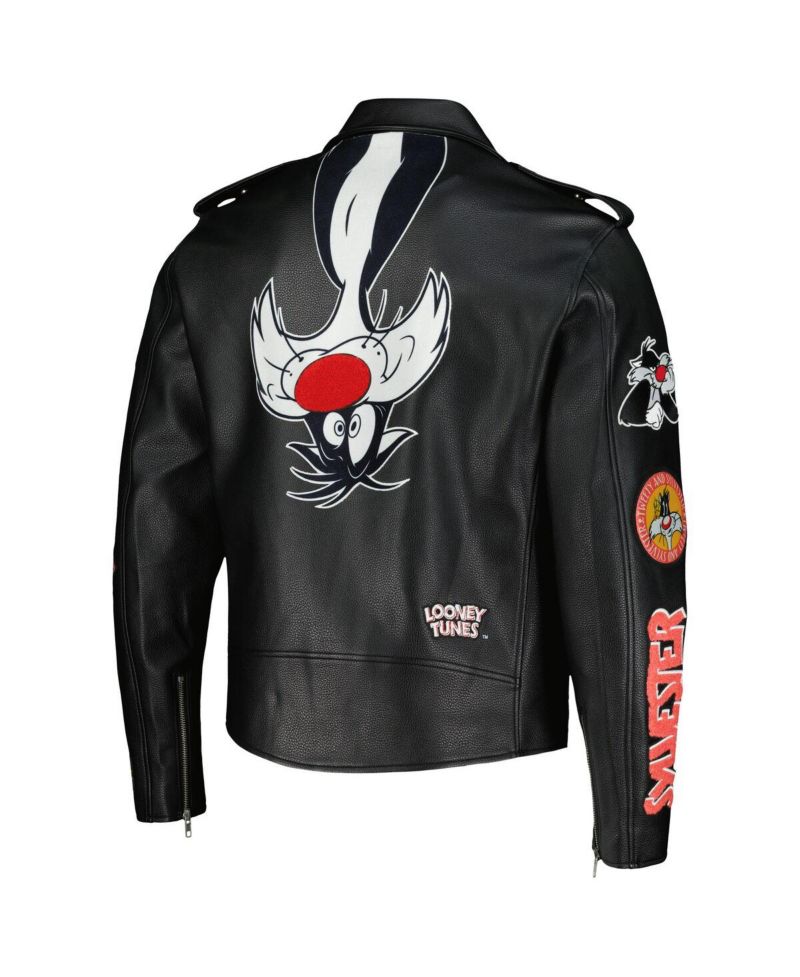 Men's Sylvester Black Looney Tunes Graphic Biker Full-Zip Jacket
