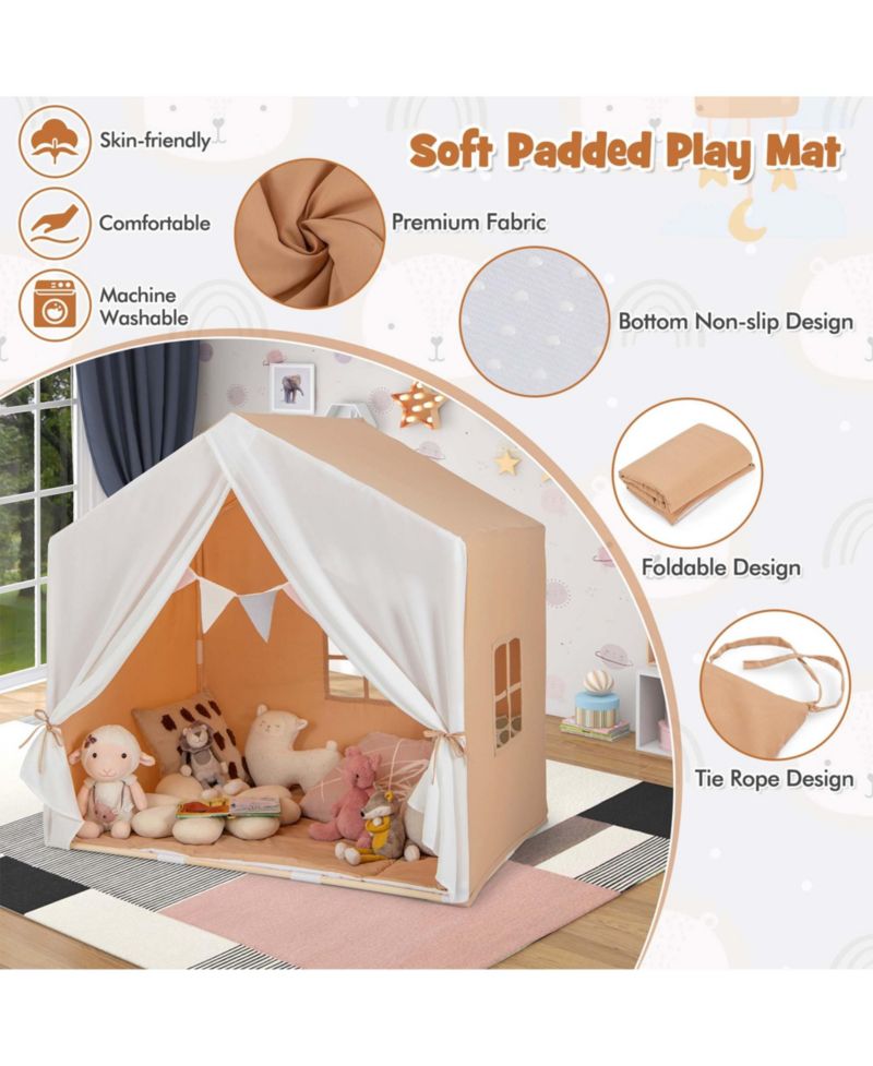 Kids' Castle Play Tent with Solid-Wood Frame and Washable Mat