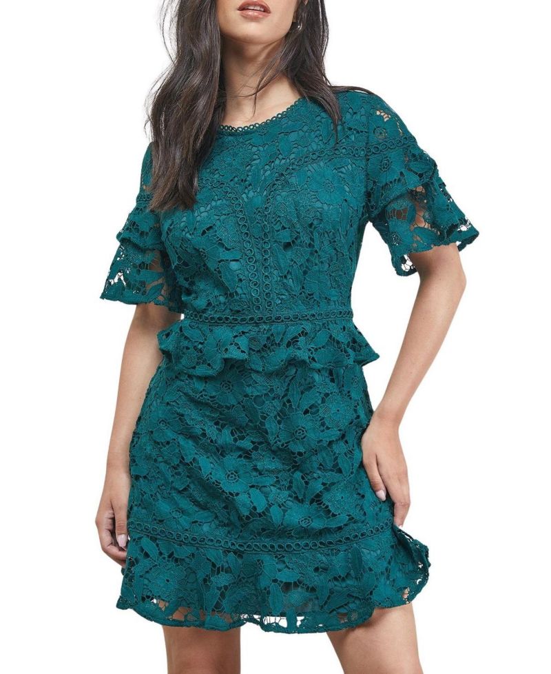 Women's Lace Trim Detail Frill Sleeve Mini Dress