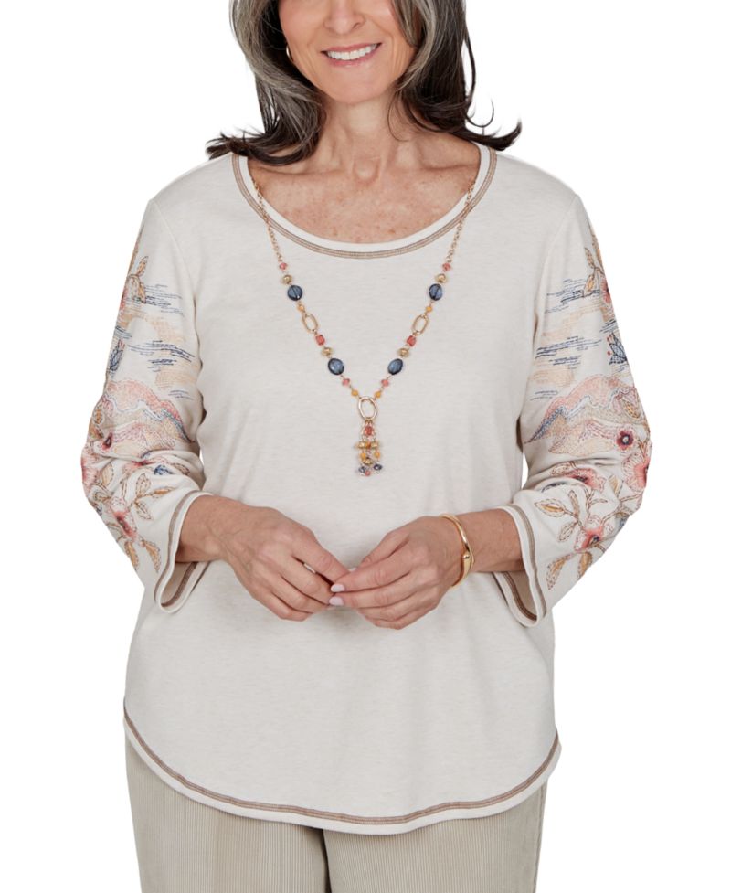 Petite Crewneck 3/4-Sleeve Curved-Hem Blouse