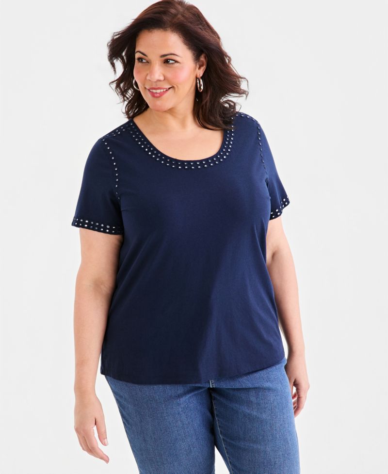 Plus Size Mirror-Trim Scoop-Neck Top