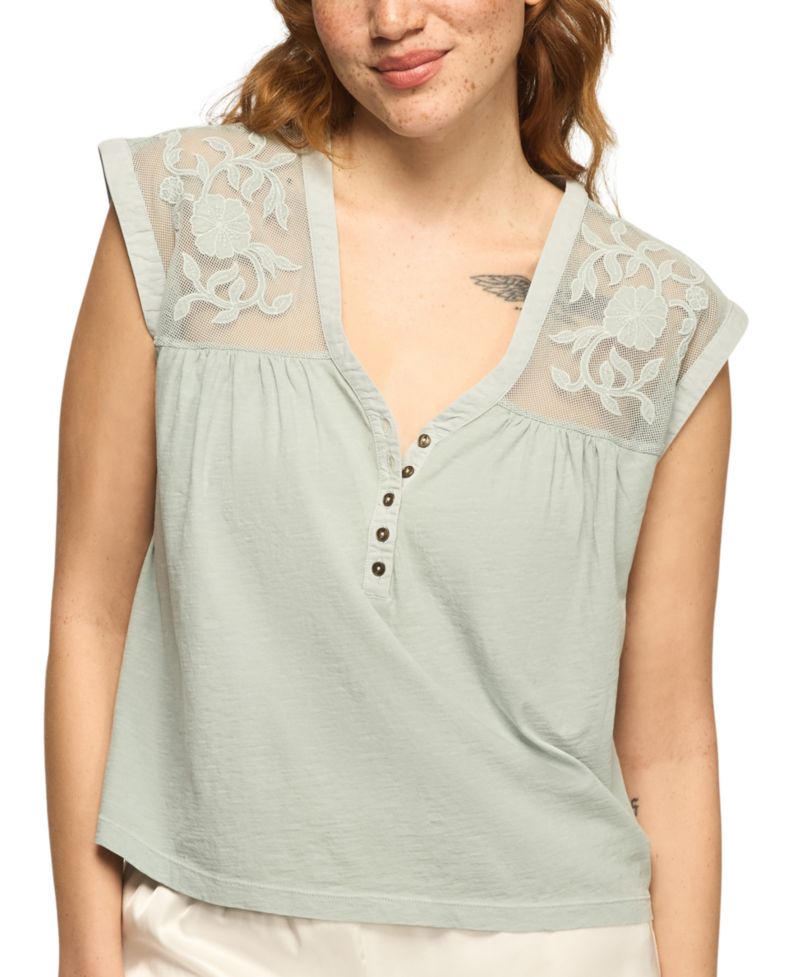 Women's V-Neck Mesh Embroidered Yoke T-Shirt