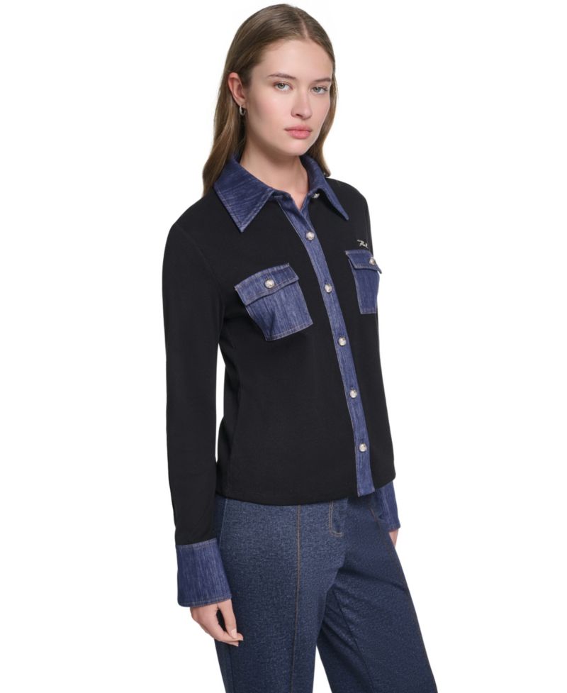 Women's Denim Collar and Cuffs Knit Button-Up Top