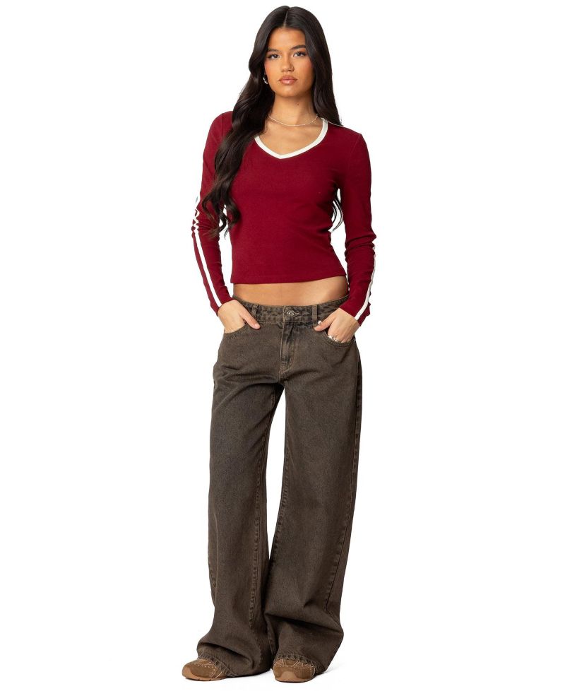 Women's Contrast V Neck Long Sleeve T Shirt