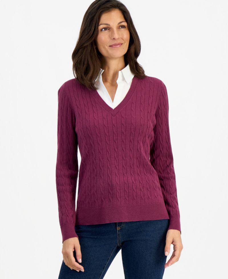 Petite Two-Fer Cable-Knit Polo Long-Sleeve Sweater