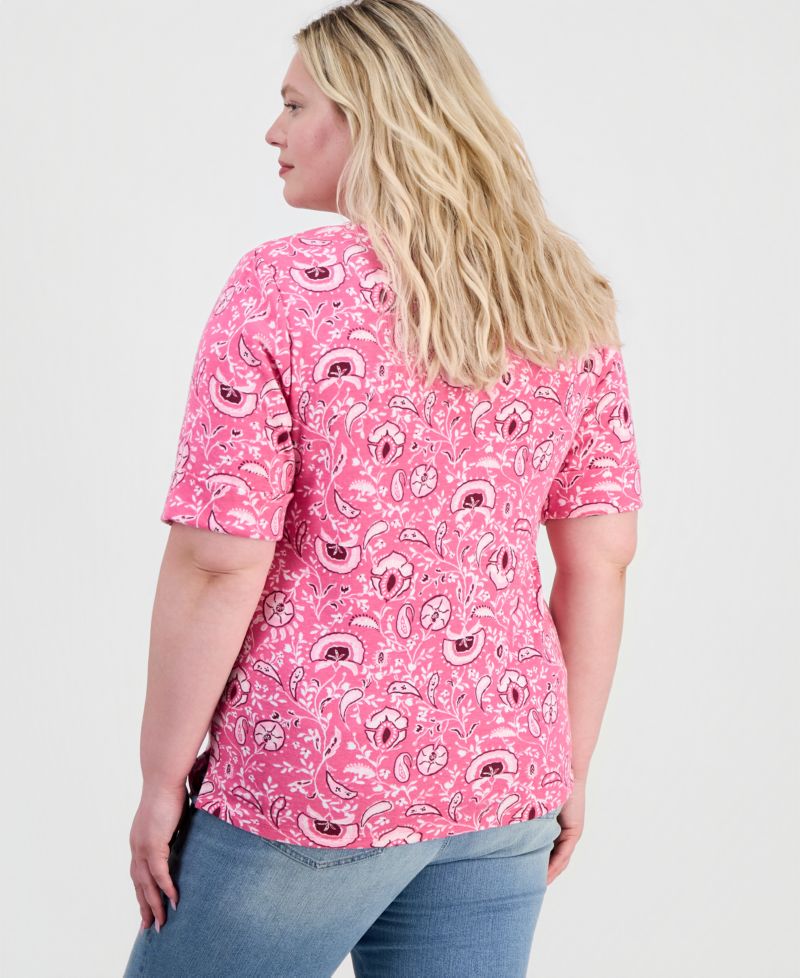 Plus Size Printed Boat-Neck Elbow-Sleeve Top