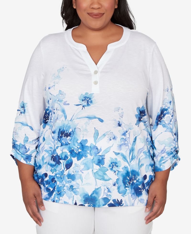 Plus Size Mykonos Watercolor Floral Border Henley Top