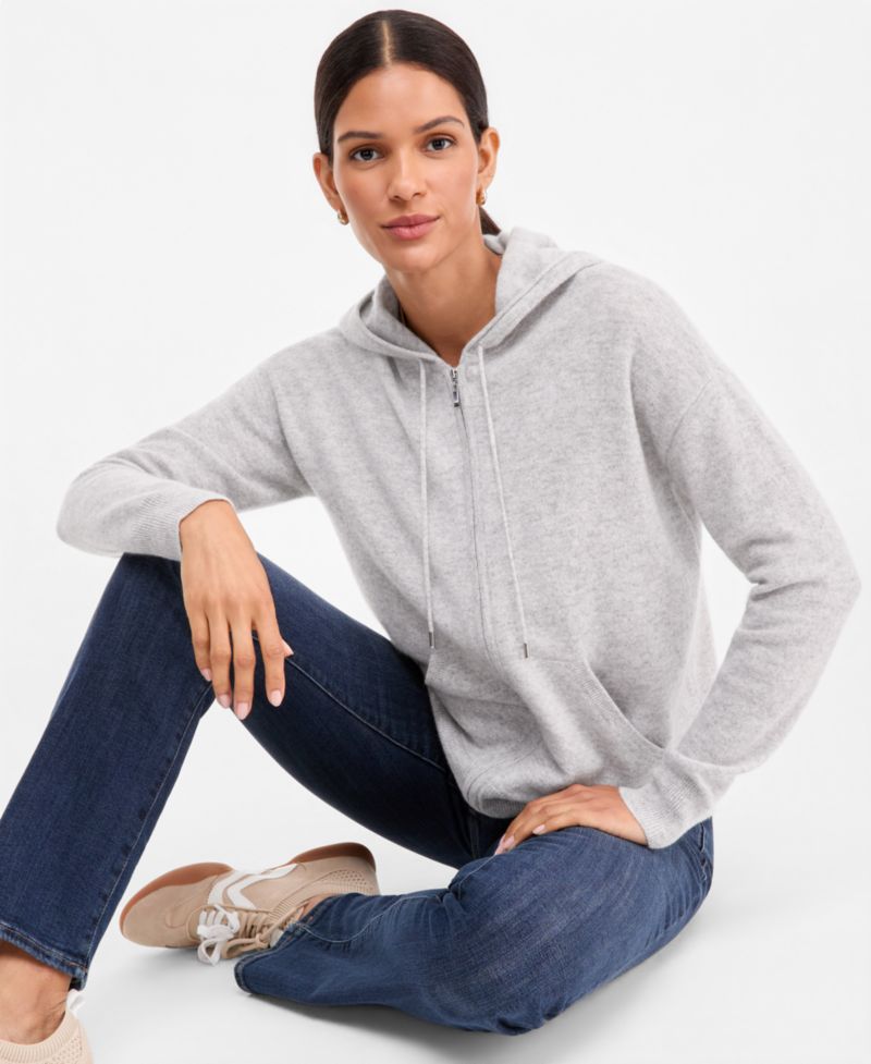 Petite Cashmere Long-Sleeve Zip-Front Hoodie