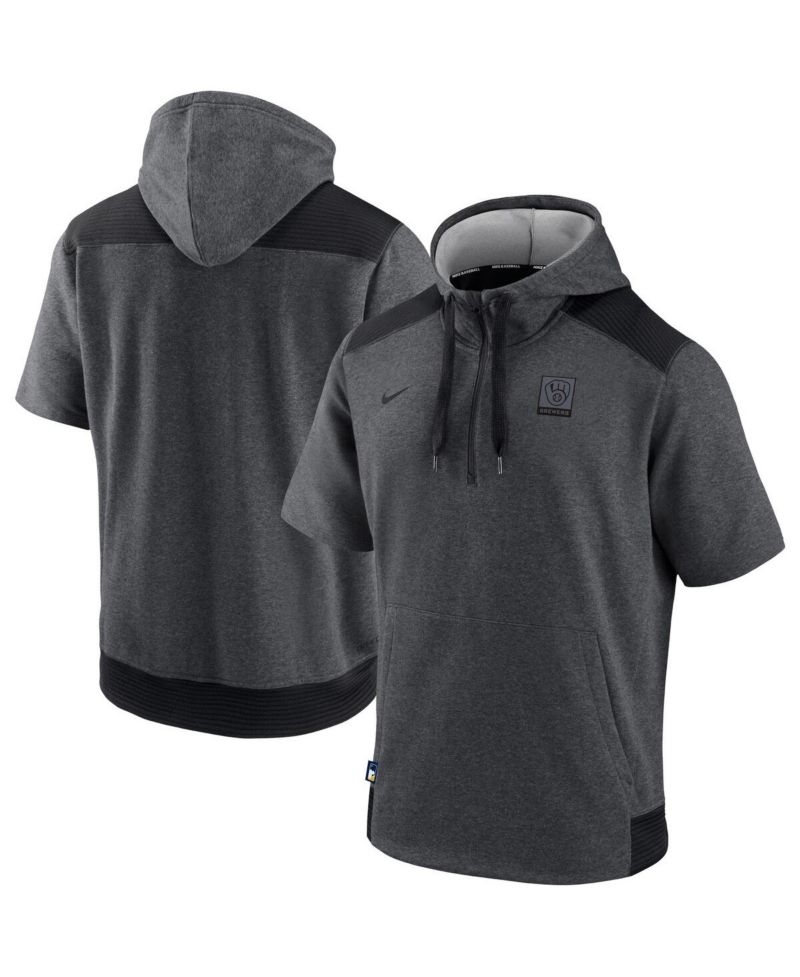 Men's Heathered Charcoal, Black Milwaukee Brewers Authentic Collection Dry Flux Performance Quarter-Zip Short Sleeve Hoodie