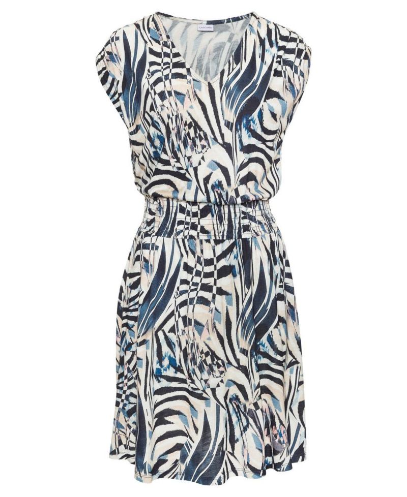 Women's Viscose Printed Smocked Waist A-Line V-Neck Short Dress