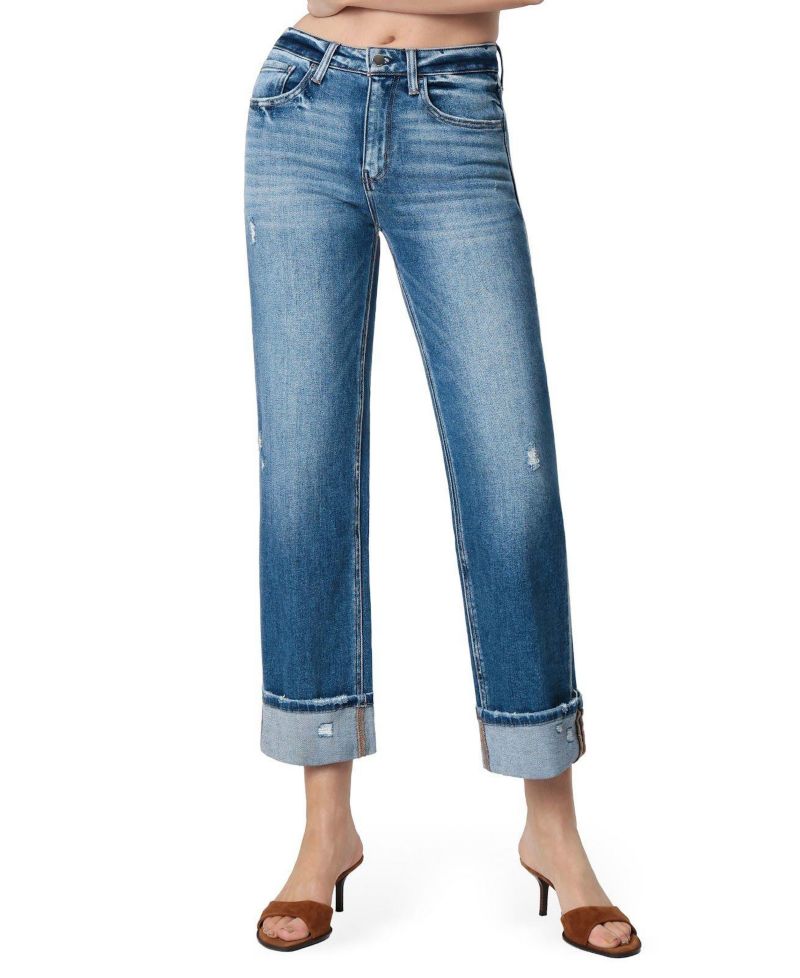 Women's High Rise Cuffed Slim Wide Leg Jeans
