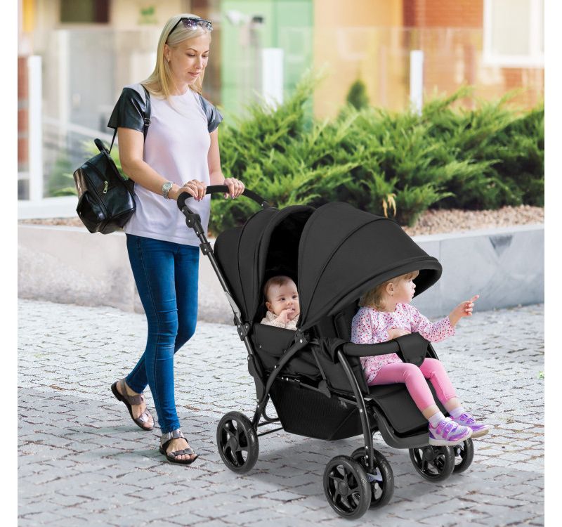 Foldable Double Baby Stroller with Front Back Seats Lightweight Design