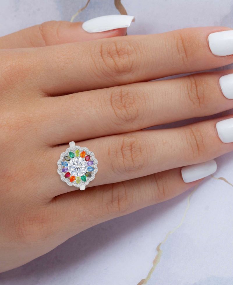 Multicolor Cubic Zirconia Large Flower Ring in Rhodium Over Sterling Silver