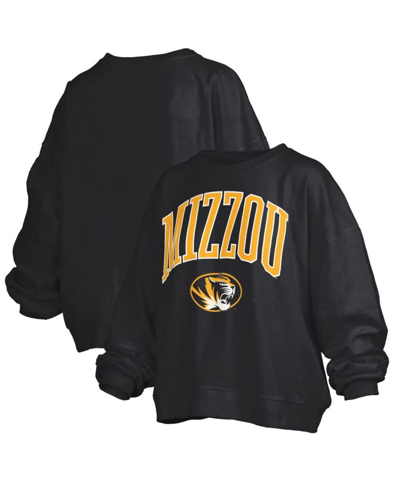 Women's Black Missouri Tigers Janise Arch Over Logo Waist Length Oversized Pullover Sweatshirt