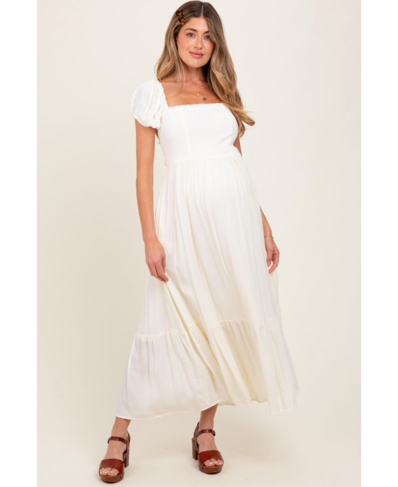 Women's Ivory Ruffle Detail Square Neck Maxi Dress