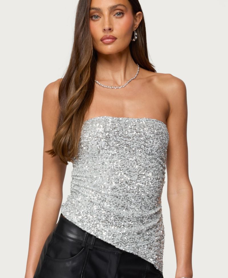 Women's Sequin Asymmetric Slit Strapless Top