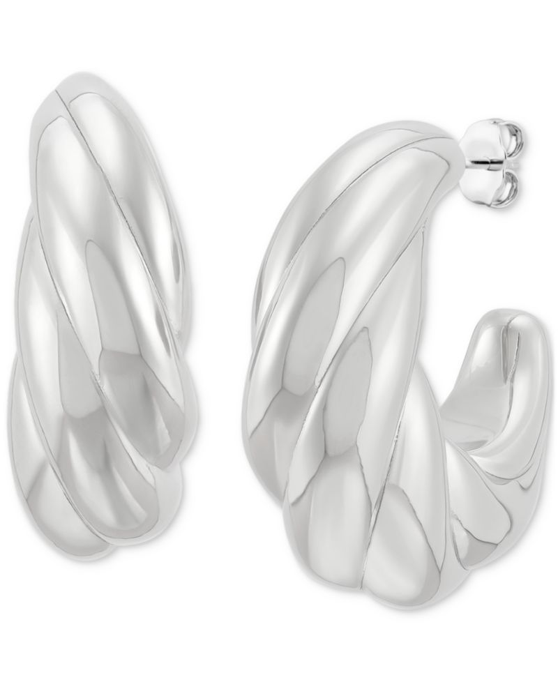 Polished Shrimp Style Medium Hoop Earrings in Sterling Silver, 1.3"