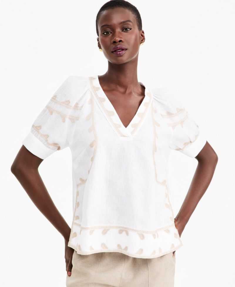 Women's Linen Puff-Sleeve Embroidered Blouse