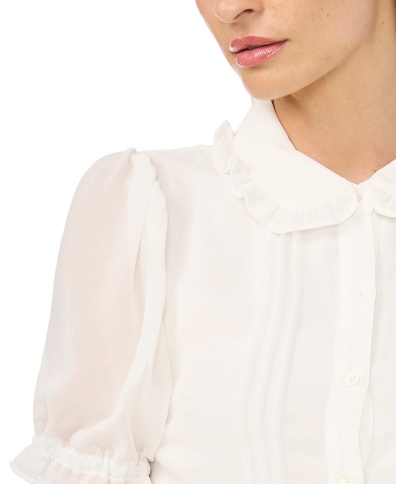 Women's Short-Sleeve Cropped Buttoned Top With Ruffle Collar and Pintucks Blouse