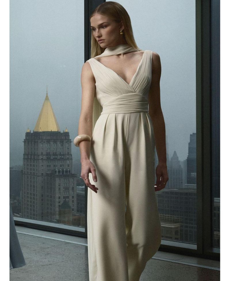 Women's Harper Ivory Ruched V-Neck Jumpsuit with Scarf